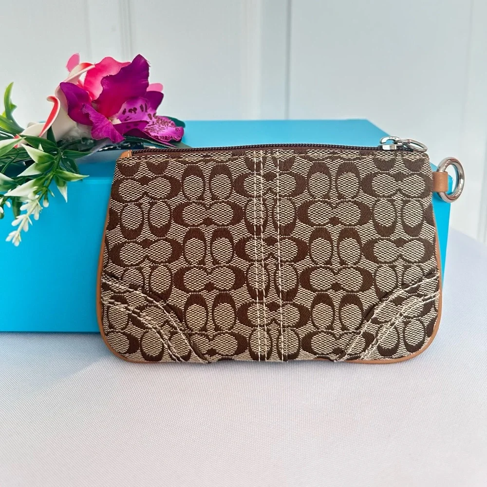 #67 COACH ~ Brown and Cream Monogrammed Patterned Coin/Card Pouch